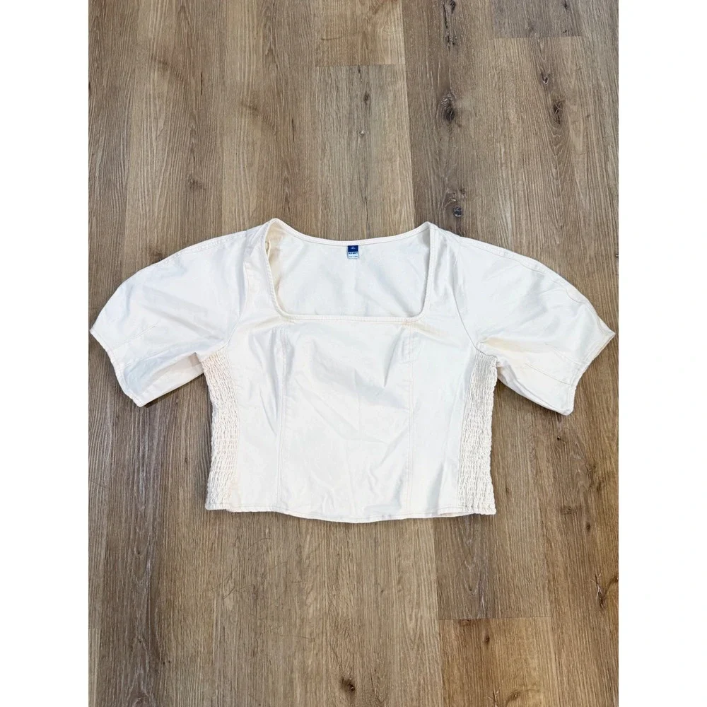 Old Navy Puff Sleeve Top Womens XL Tall Ecru Cream Smocked Square Neck Blouse‎